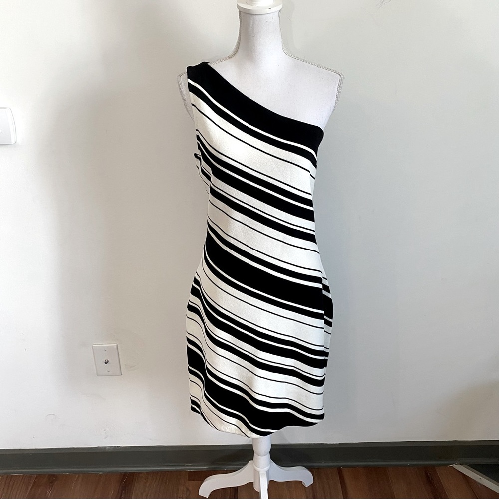 Lauren Ralph Lauren Black & White Striped One Shoulder Dress Size Large